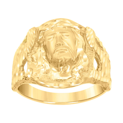 10K Yellow Gold Men's Diamond Cut 19.5mm Religious Band Jesus Face Pinky Ring
