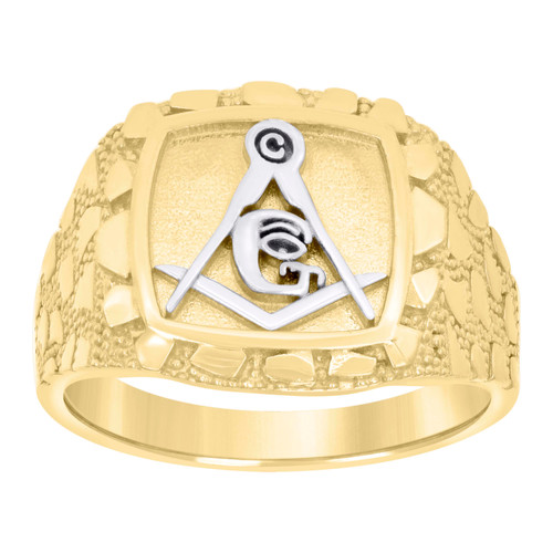 10K Two Tone Gold Mens Bead Texture 16mm Nugget Square Masonic Symbol Pinky Ring