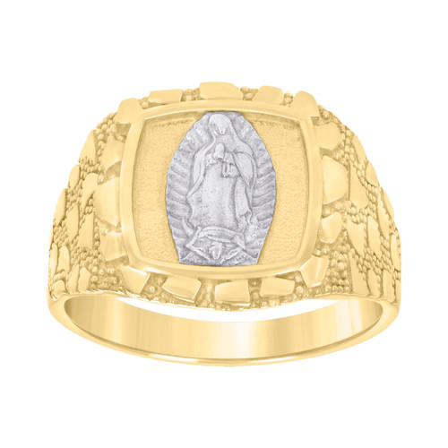 10K Two Tone Gold Men's Textured 15.5mm Bead Stone Pattern Square Guadalupe Ring