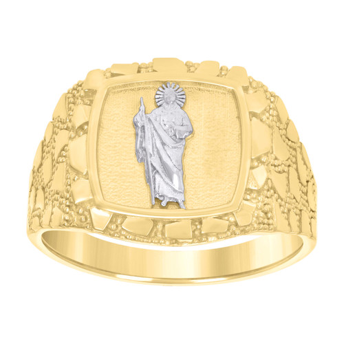 10K Two Tone Gold Mens Diamond Cut 15mm Bead Nugget Pattern Square St. Jude Ring