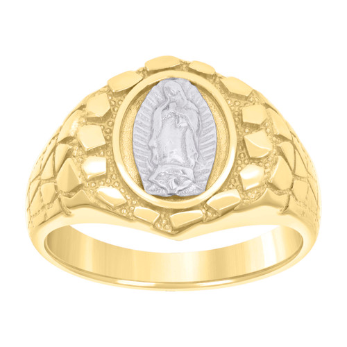 10K Two Tone Gold Men's Textured 15mm Beaded Stone Pattern Oval Guadalupe Ring
