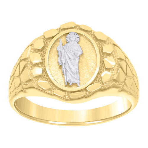10K Two Tone Gold Men's Diamond Cut 15mm Bead Nugget Pattern Oval St. Jude Ring