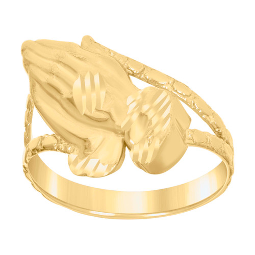 10K Yellow Gold Women's 13.5mm Diamond Cut Split Shank Nugget Praying Hands Ring