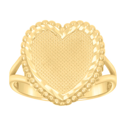 10K Yellow Gold Women's D/C 15mm Split Shank Beaded Border Textured Heart Ring