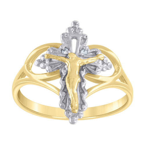 10K Two Tone Gold Women's Polished 17mm Religious Band Filigree Crucifix Ring