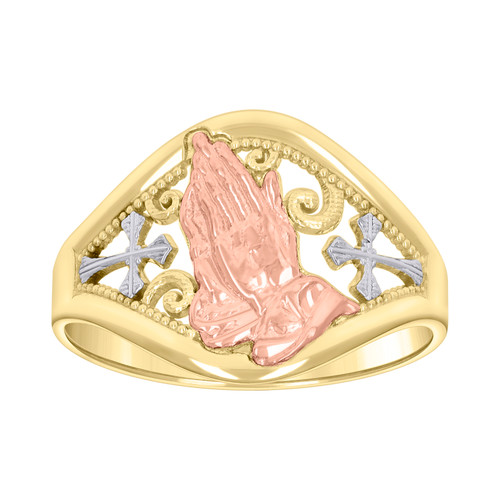 10K Tri Color Gold Women's 13.5mm D/C Filigree Double Cross & Praying Hand Ring