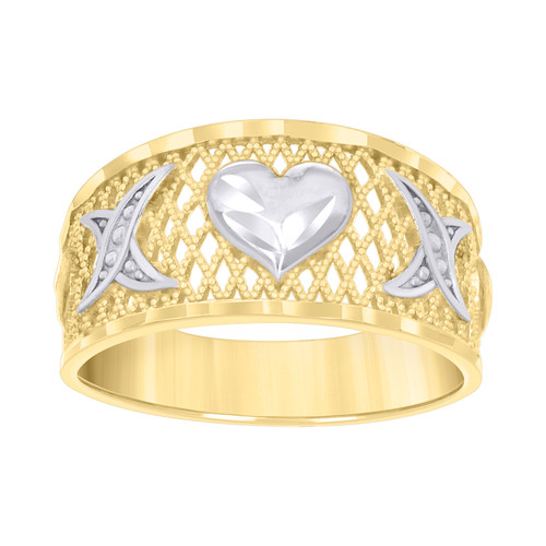 10K Yellow Gold Women's Diamond Cut 10mm Beaded Lattice Band XOXO Heart Ring