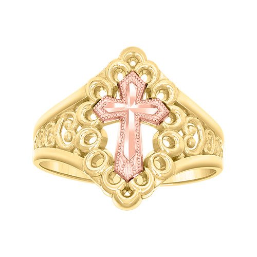 10K Two Tone Gold Womens Diamond Cut 16mm Heart Filigree Rose Pointed Cross Ring