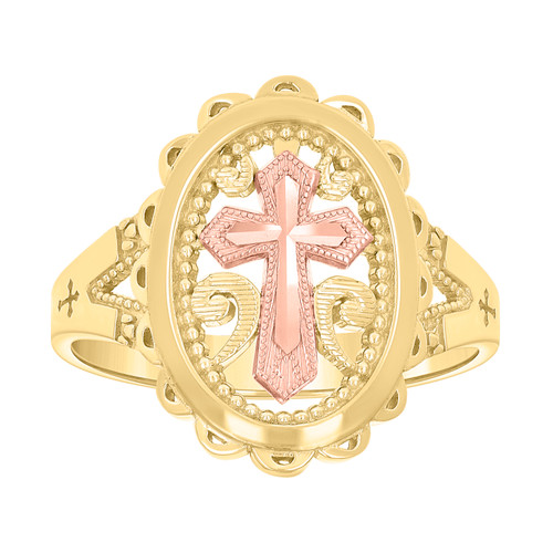 10K Two Tone Gold Women's Diamond Cut 18mm Filigree Oval Rose Pointed Cross Ring