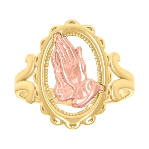 10K Two Tone Gold Women's 18mm Oval Bead Frame Filigree Rose Praying Hands Ring