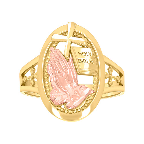 10K Two Tone Gold Women's 18.5mm Oval Crosses Holy Bible Rose Praying Hands Ring