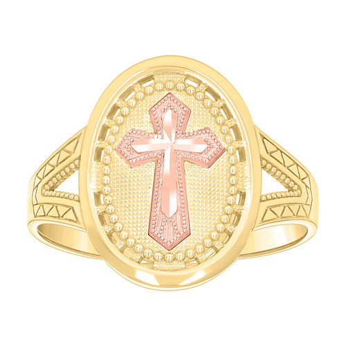 10K Two Tone Gold Women's D/C 17mm Textured Oval Beaded Rose Pointed Cross Ring