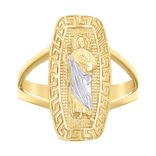 10K Two Tone Gold Women's Textured 19mm Oval Rectangle Greek Key St. Jude Ring