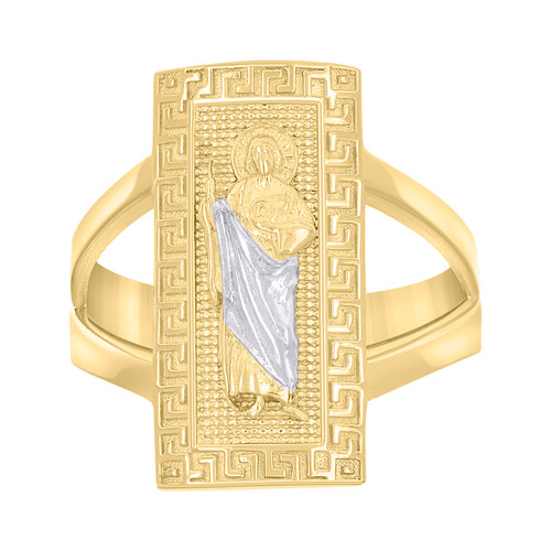 10K Two Tone Gold Women's Textured 19mm Rectangle Top Greek Key St. Jude Ring
