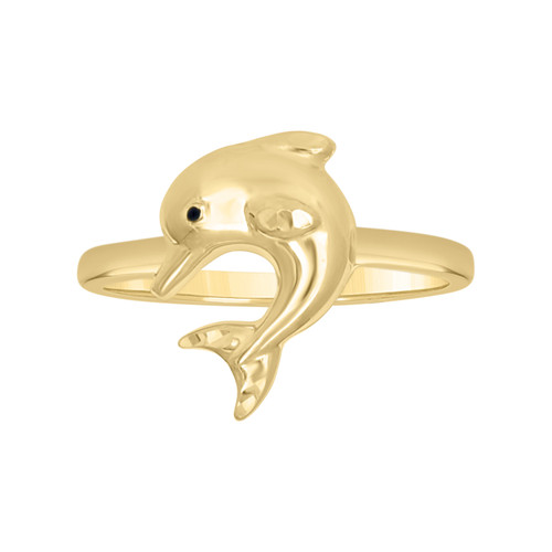 10K Yellow Gold Women's Polished 14mm Black Enamel Sea Life Band Dolphin Ring