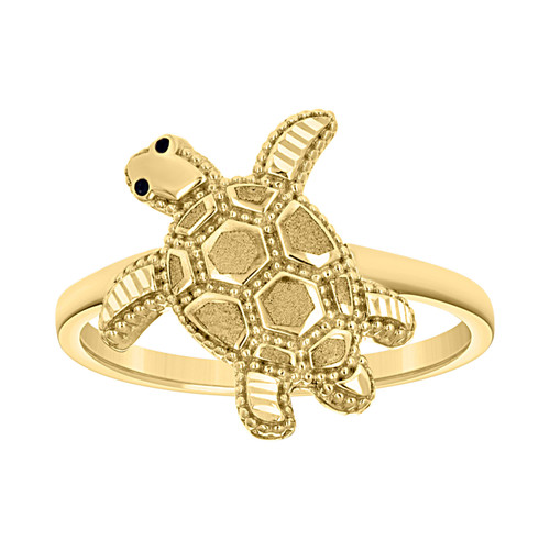 10K Yellow Gold Womens Diamond Cut 15mm Ocean Theme Black Enamel Sea Turtle Ring
