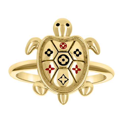 10K Yellow Gold Womens Polished 15.5mm Black & Red Enamel Clover Sea Turtle Ring
