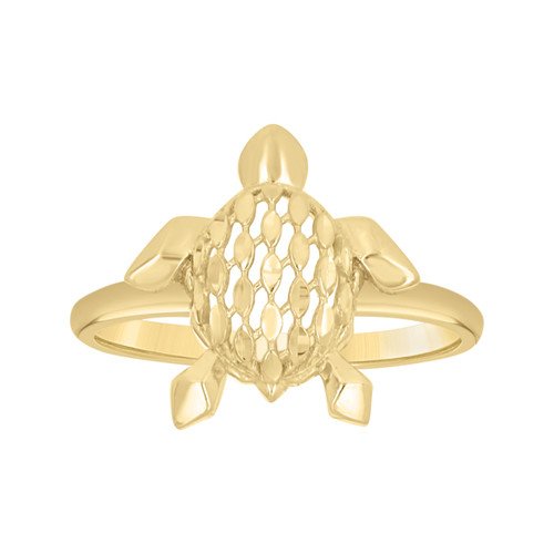 10K Yellow Gold Womens Diamond Cut 14mm Ocean Theme Oval Pattern Sea Turtle Ring