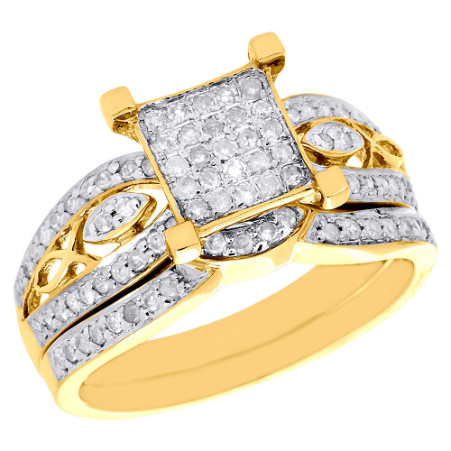 10K Yellow Gold Ladies Diamond Wedding Bridal Ring Set Square Pave Head 0.46 Ct.