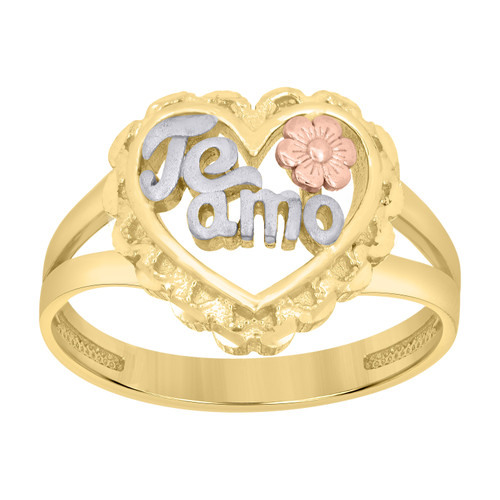 10K Tri Color Gold Women's D/C 13mm Split Shank Band My Love Te Amo Flower Ring