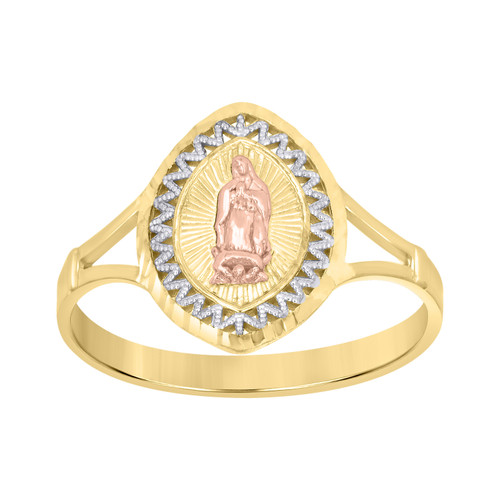 10K Tri Color Gold Women's D/C 13.5mm Pointed Oval Beaded Zig Zag Guadalupe Ring