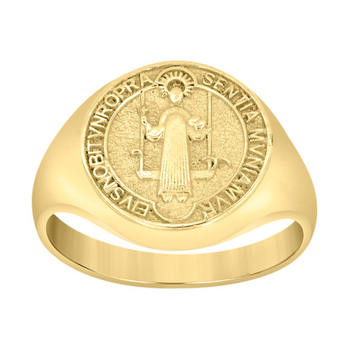 10K Yellow Gold Men's Textured 15.5mm Domed Religious St. Benedict Signet Ring