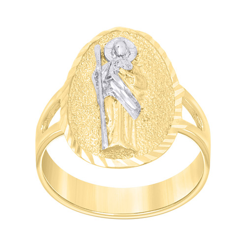 10K Two Tone Gold Womens Diamond Cut 20mm Split Shank Texture Oval St. Jude Ring