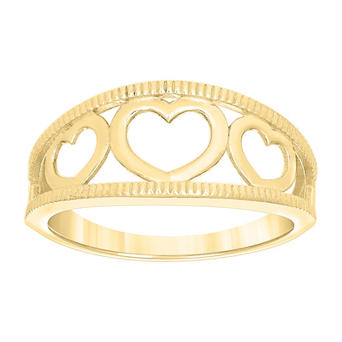 10K Yellow Gold Women's High Polished 9.5mm Grooved Edge Triple Heart Inlay Ring