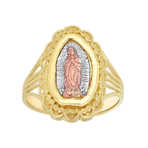 10K Tri Color Gold Women's 19.5mm Split Shank Filigree Lady of Guadalupe Ring
