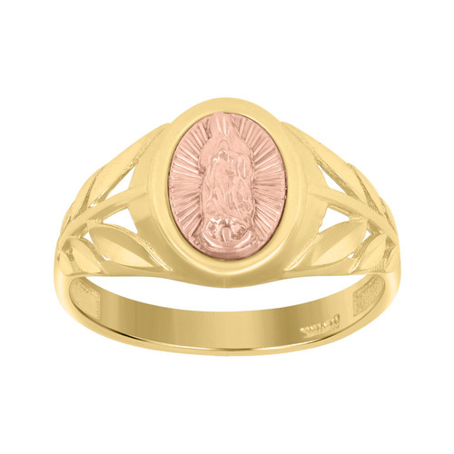 10K Two Tone Gold Women's D/C 11mm Leaf Band Oval Rose Lady of Guadalupe Ring