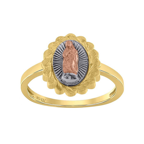 10K Tri Color Gold Womens 13mm Texture Floral Border Oval Lady of Guadalupe Ring