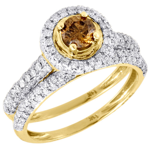 Solitaire Brown Diamond Wedding Bridal Set 14K Yellow Gold Engagement Ring 1.23