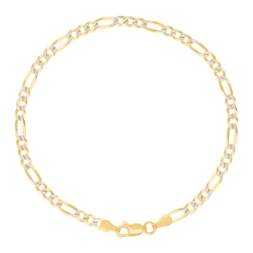 Sterling Silver Two-Tone Gold Plated Pave 3.5mm Flat Figaro Bracelet | 7" to 9"