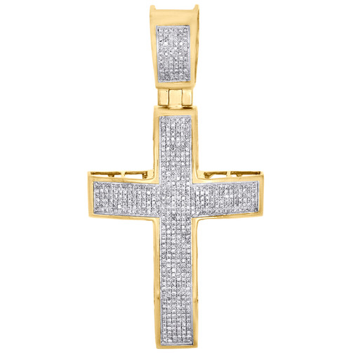 10K Yellow Gold Genuine Diamond Dome Cross Pendant 2.30" Mens Pave Charm 1/2 CT.