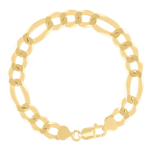 Sterling Silver Yellow Gold Plated D/C 10mm Flat Figaro Link Bracelet | 7" to 9"