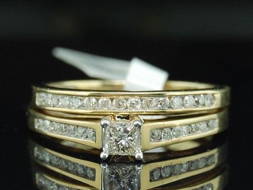 14k Yellow Gold Princess Diamond Solitaire Engagement Wedding Bridal Ring Set
