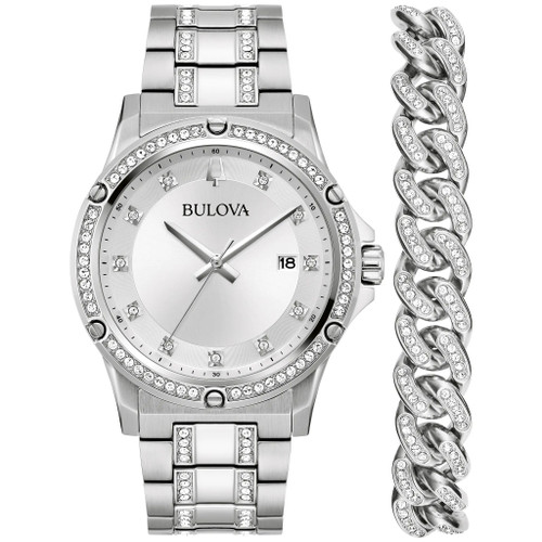 Bulova Crystal 96K114 Men Stainless Steel Silver Dial Watch & Cuban Bracelet Set