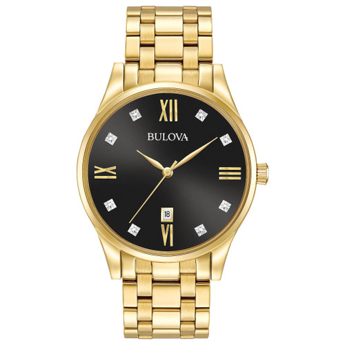 Bulova Classic Diamond 97D108 Men's Gold Tone Stainless Steel Black Dial Watch