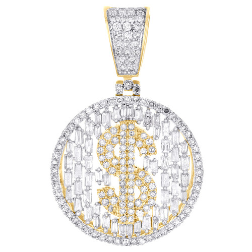 10K Yellow Gold Baguette Diamond Money Medallion Dollar Sign Pendant 1.50 CT