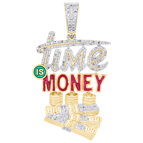 10K Yellow Gold Natural Diamond Red & Green Enamel Time Is Money Pendant 7/8 CT