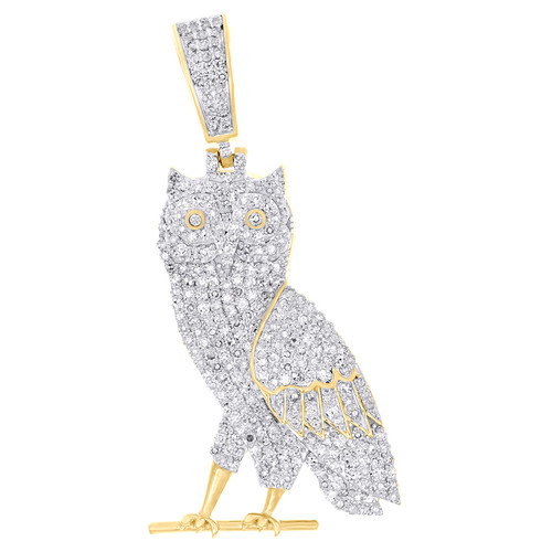 10K Yellow Gold Natural Diamond Unisex Animal Bird Charm Perch Owl Pendant 1 CT