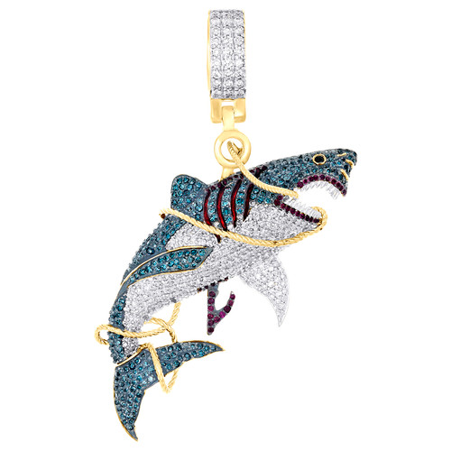 14K Yellow Gold Natural Diamond & Ruby Charm Biting Great Shark Pendant 1.5 CT