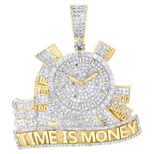 10K Yellow Gold Natural Diamond Cash Charm Clock Time Is Money Pendant 1.87 CT