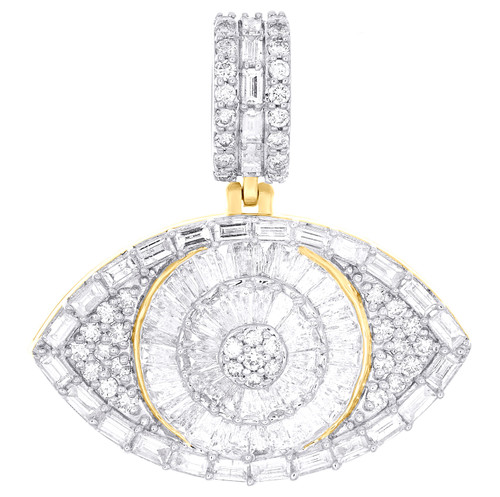 10K Yellow Gold Natural Baguette Diamond Mens Charm Evil Eye Symbol Pendant 2 CT