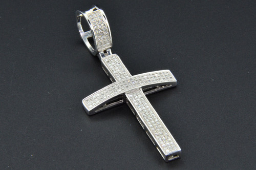 Diamond Cross Pendant 10K White Gold Pave Round Cut Domed Charm 0.60 CT.