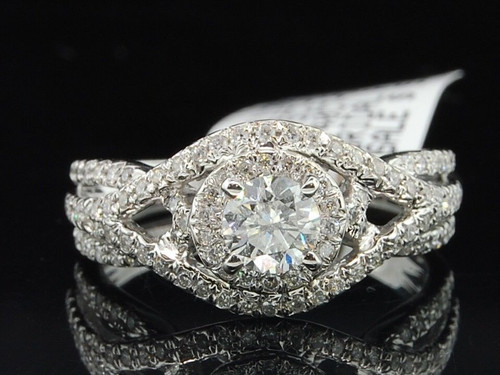 Bague de fiançailles halo de diamants 0,85 tcw. Solitaire rond en or blanc 14 carats 0,40 crd