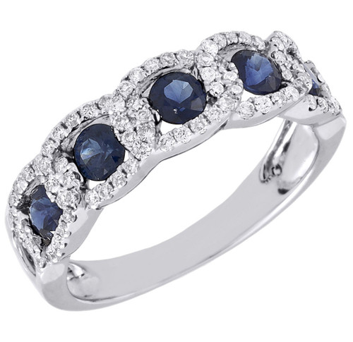 Diamond Wedding Band Ladies 14K White Gold Genuine Blue Sapphire Ring 0.99 Tcw.