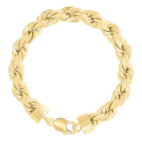 925 Yellow Gold Plated Lobster Clasp Diamond Cut 11mm Hollow Rope Bracelet | 9"