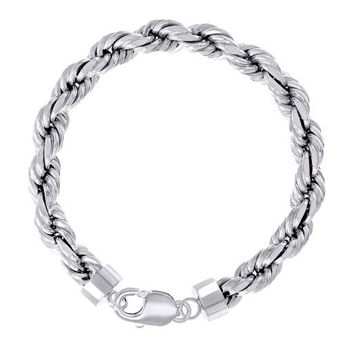 925 Sterling Silver Rhodiumed Diamond Cut 7.5mm Solid Rope Bracelet | 8" to 9"