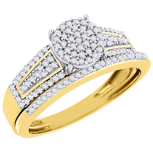 Round Pave Diamond Engagement Wedding Ring 10K Yellow Gold Bridal Set 0.33 Ct.